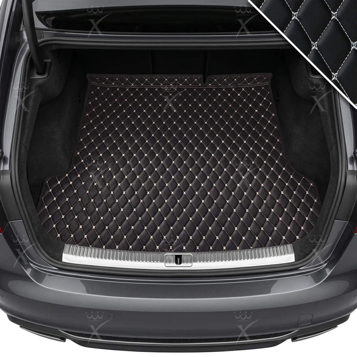 Tapis de Coffre sur Mesure Premium Luxus – Motif Losange Noir avec Surpiqûres Blanches