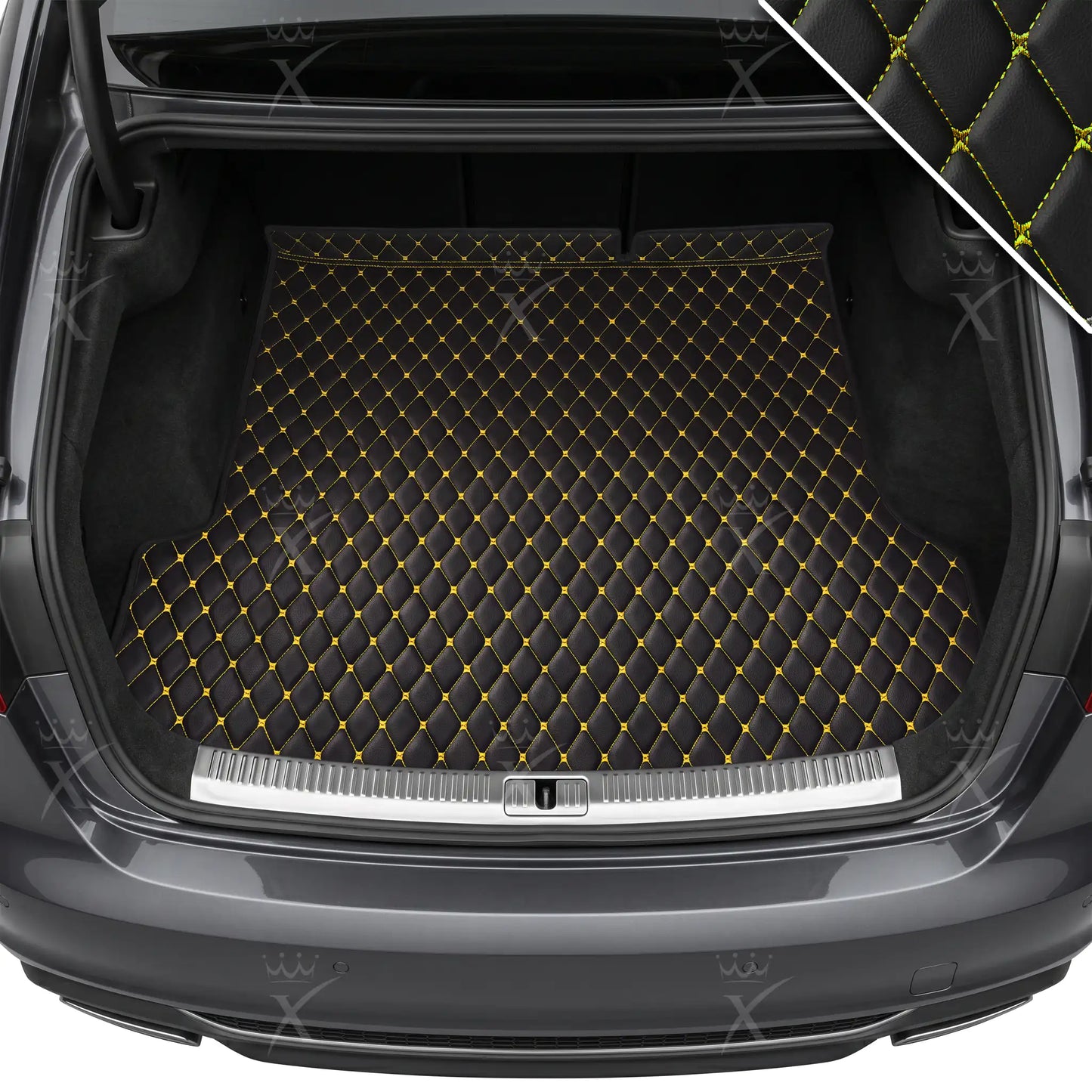 Tapis de Coffre sur Mesure Premium Luxus – Motif Losange Noir avec Surpiqûres Jaunes