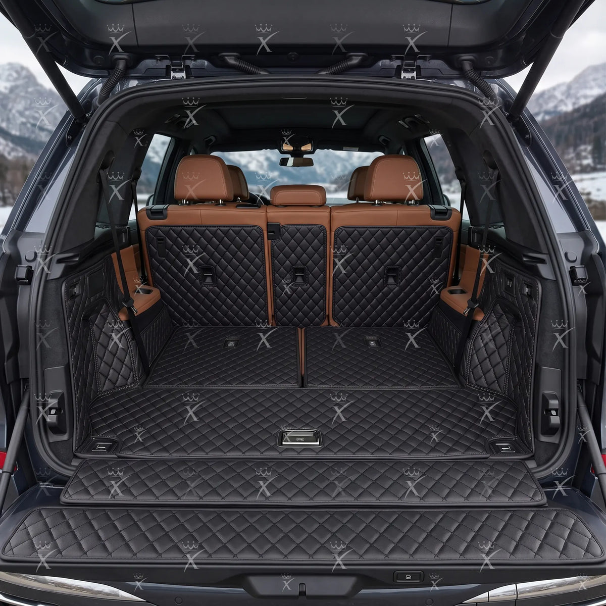Tapis de Coffre 3D Intégral Sur Mesure Premium Luxus – Motif Losange Noir avec Surpiqûres Noires