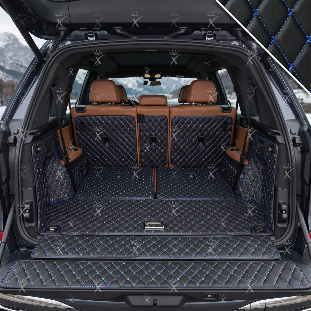 Tapis de Coffre 3D Intégral sur Mesure Premium Luxus – Motif Losange Noir avec Surpiqûres Bleues