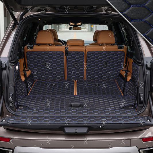 Tapis de Coffre 3D Intégral sur Mesure Premium Luxus – Motif Nid d’Abeille Noir avec Surpiqûres Bleues
