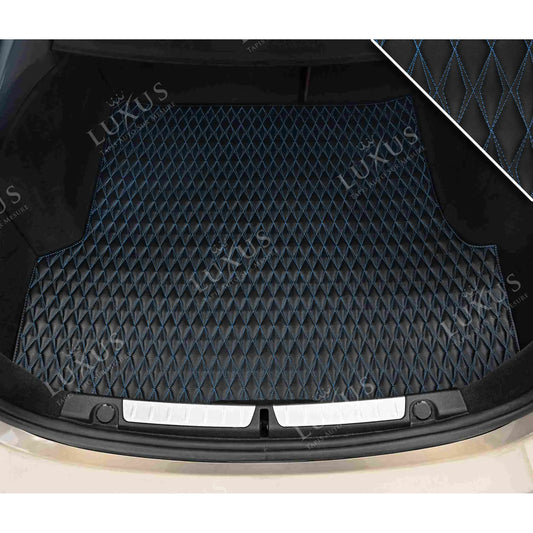 Tapis de Coffre sur Mesure Premium Luxus – Motif Double Losange Noir avec Surpiqûres Bleues