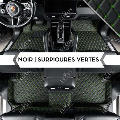Tapis de Sol 3D Sur Mesure Premium Luxus – Motif Losange Noir avec Surpiqûres Vertes