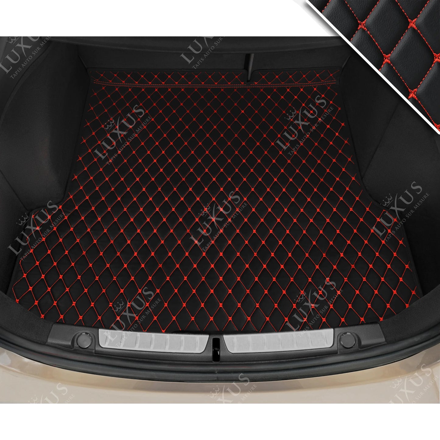 Tapis de Coffre sur Mesure Premium Luxus – Motif Losange Noir avec Surpiqûres Rouges