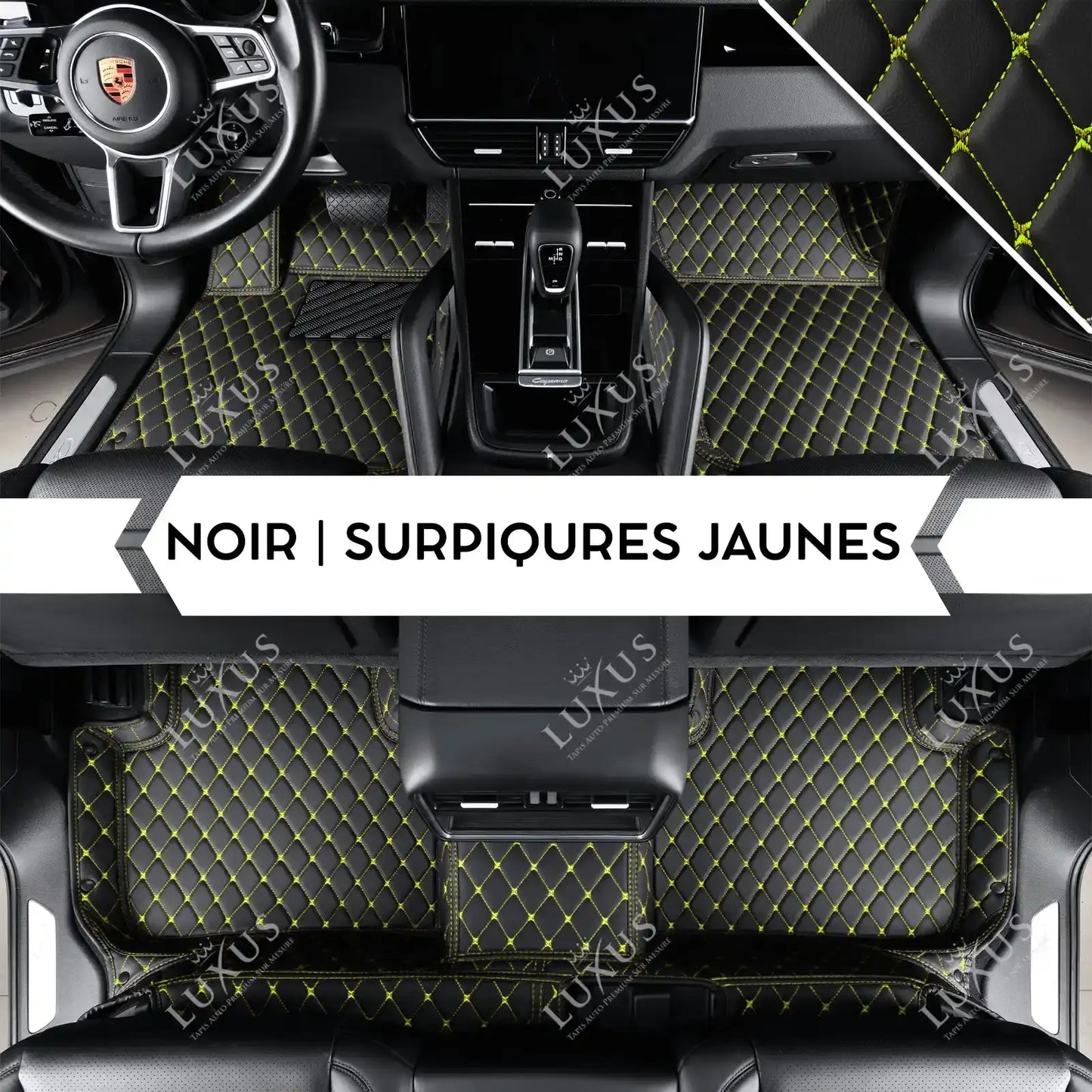 Tapis de Sol 3D Sur Mesure Premium Luxus – Motif Losange Noir avec Surpiqûres Jaunes