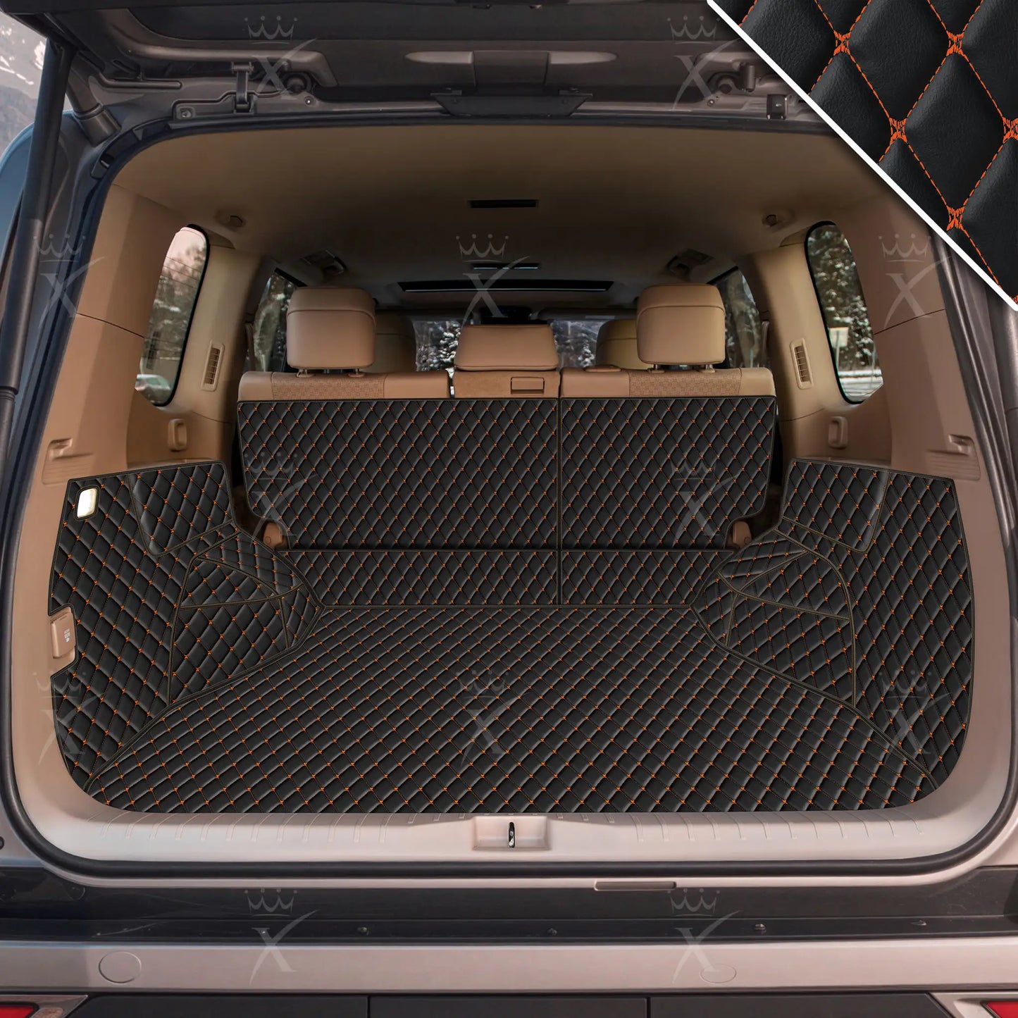 Tapis de Coffre 3D Intégral Sur Mesure Premium Luxus – Motif Losange Noir Avec Surpiqûres Orange