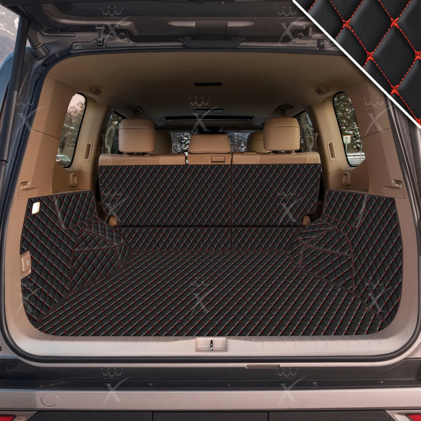 Tapis de Coffre 3D Intégral sur Mesure Premium Luxus – Motif Losange Noir avec Surpiqûres Rouges