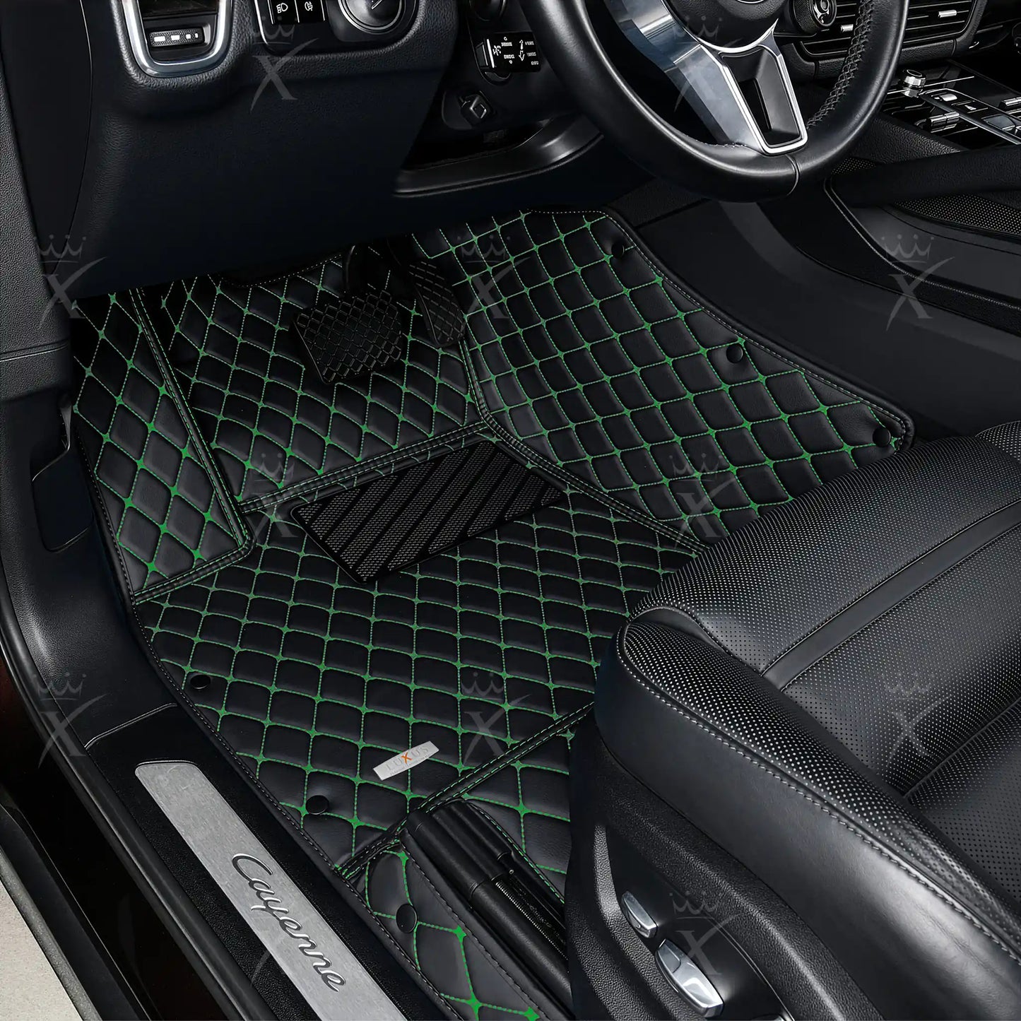 Tapis de Sol 3D Sur Mesure Premium Luxus – Motif Losange Noir avec Surpiqûres Vertes