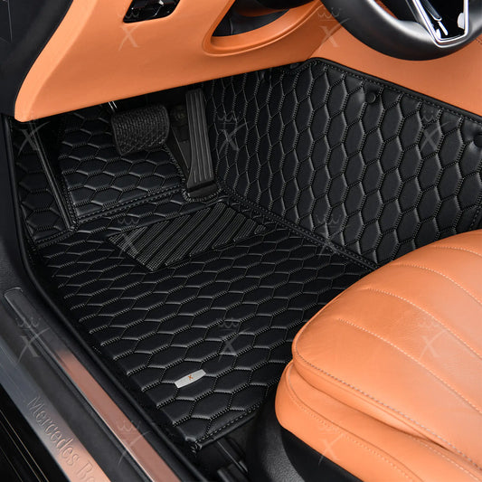 Tapis de Sol 3D sur Mesure Premium Luxus – Motif Nid d’Abeille Noir avec Surpiqûres Noires
