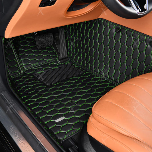 Tapis de Sol 3D sur Mesure Premium Luxus – Motif Nid d’Abeille Noir avec Surpiqûres Vertes