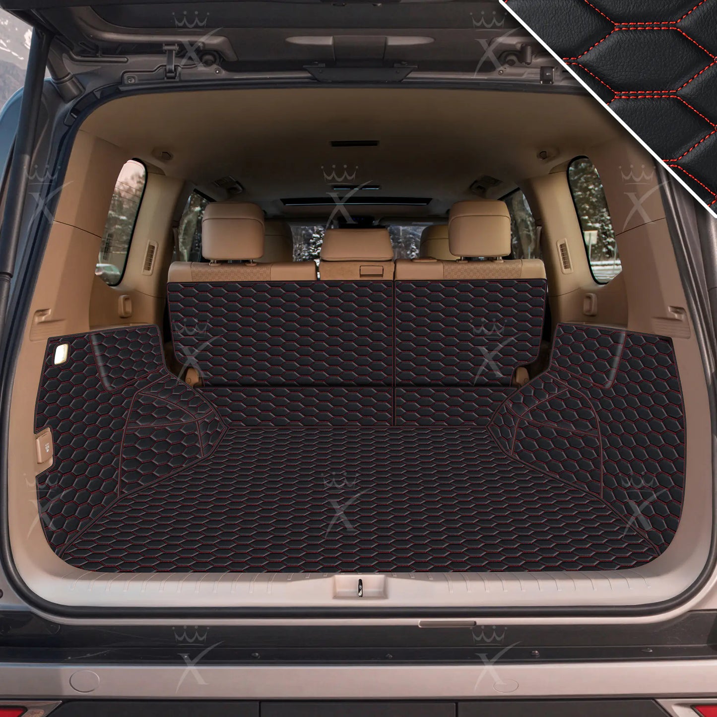 Tapis de Coffre 3D Intégral sur Mesure Premium Luxus – Motif Nid d’Abeille Noir avec Surpiqûres Rouges